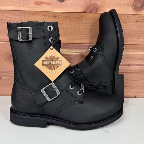 Harley Davidson Ranger Combat Boots Black Leather Zip Buckle Mens size US 8 M - Picture 1 of 15